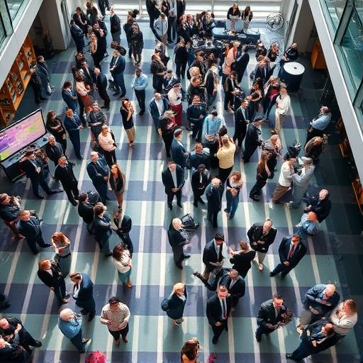 Aerial view of a corporate event with many attendees
