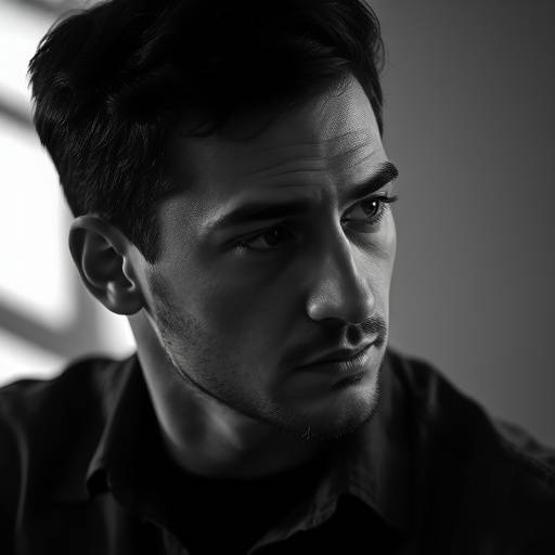 Black and white portrait of a man with a contemplative expression
