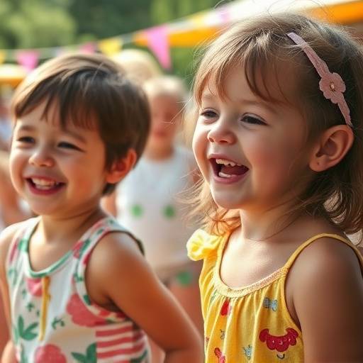 Candid photograph of children playing and laughing during a summer festival