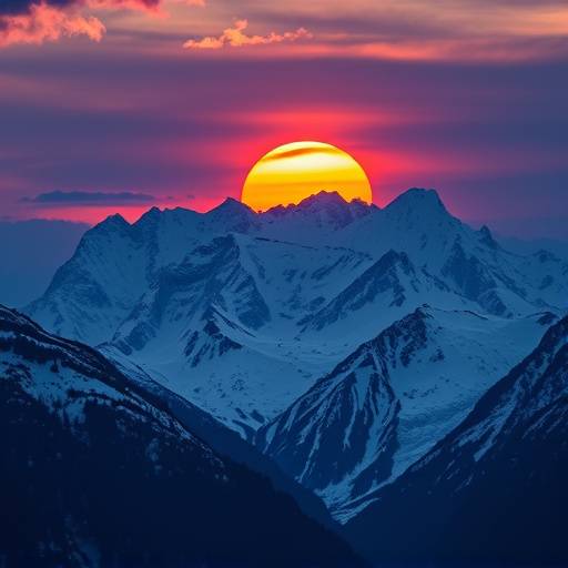 Dramatic landscape photograph of a snow-capped mountain range at sunrise