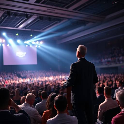 Dynamic image of a keynote speaker addressing a large conference audience