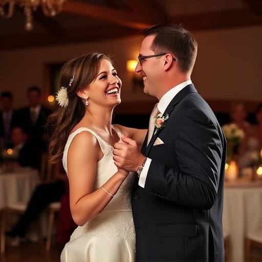Joyful wedding photograph of the bride and groom laughing during their first dance