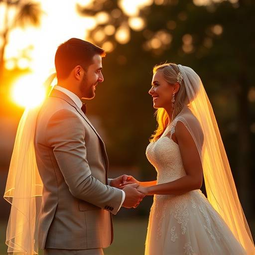 Joyful wedding scene with the bride and groom exchanging vows