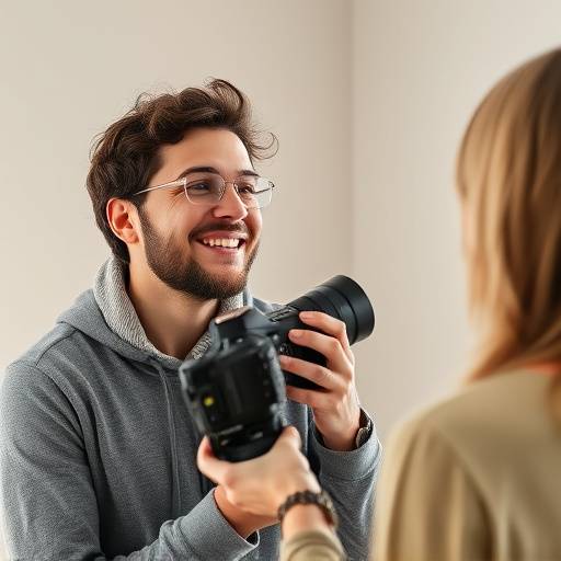 Smiling photographer interacting with a client during a portrait session