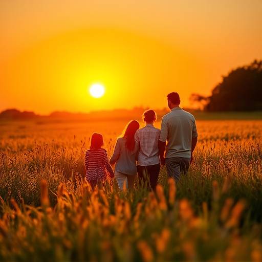 Warm and inviting family portrait taken in a sunlit meadow at sunset